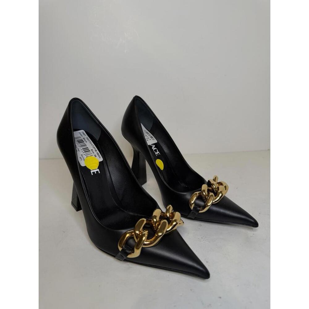 Versace Black Leather Medusa Chain Pointed Toe Block Heel Pumps Women’s 36